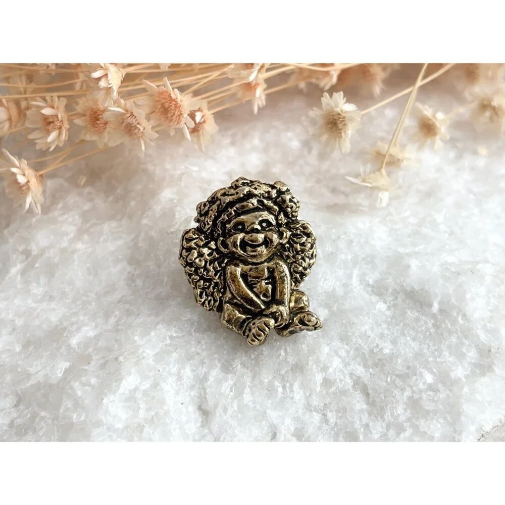 Cherub Angel Dark Gold Toned Carved Tiny Vintage Cute Jewelry Brooch | Lapel Pin